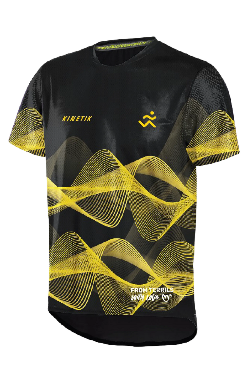 T-shirt technique de trail TPN2026 noir et jaune, vue de face, motifs ondulés jaunes, logo Kinetik et mention From terrils with love