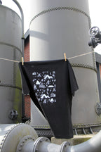 T-shirt unisexe noir patrimoine minier suspendu, illustration minière blanche au dos sur site minier